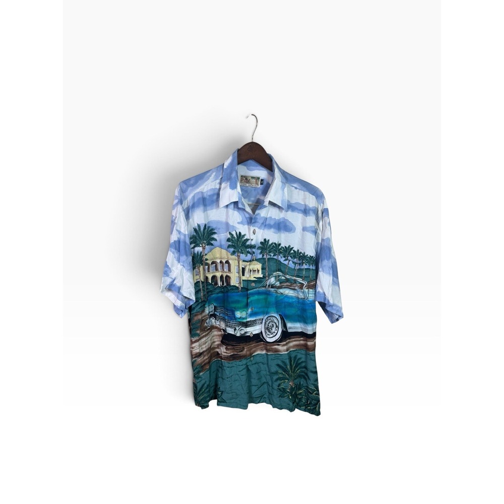 Vintage Tori Richard Made In Hawaii‎ Aloha Hawiian Shirt Teal Classic Car XL